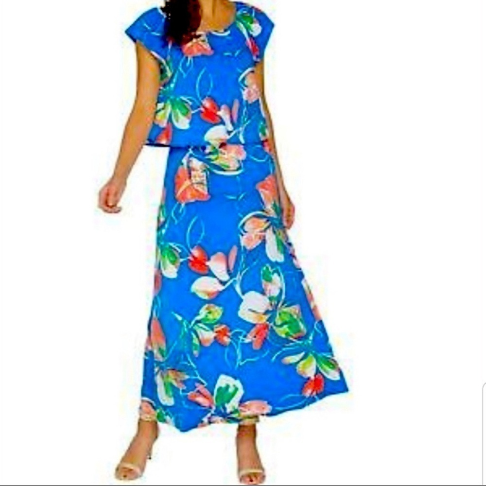 Susan Graver Multi Print Blue Floral Maxi Dress Size Large